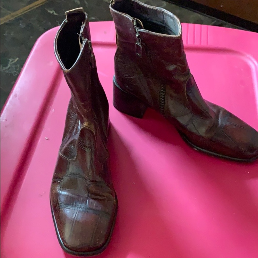 Joan & David brown embossed crocodile ankle boots